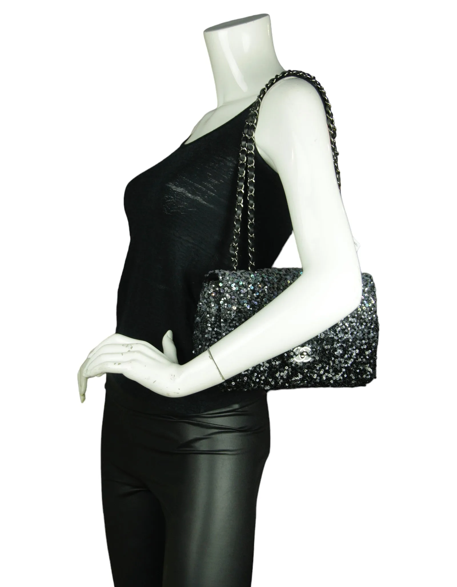 Chanel Black/Silver Ombre Sequin Medium Classic Flap Bag