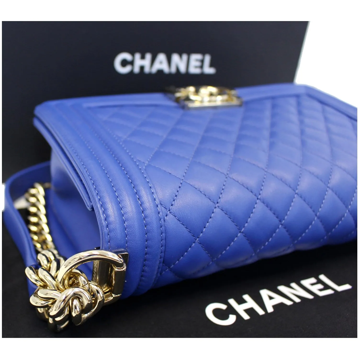 CHANEL Boy Medium Lambskin Leather Shoulder Bag Blue