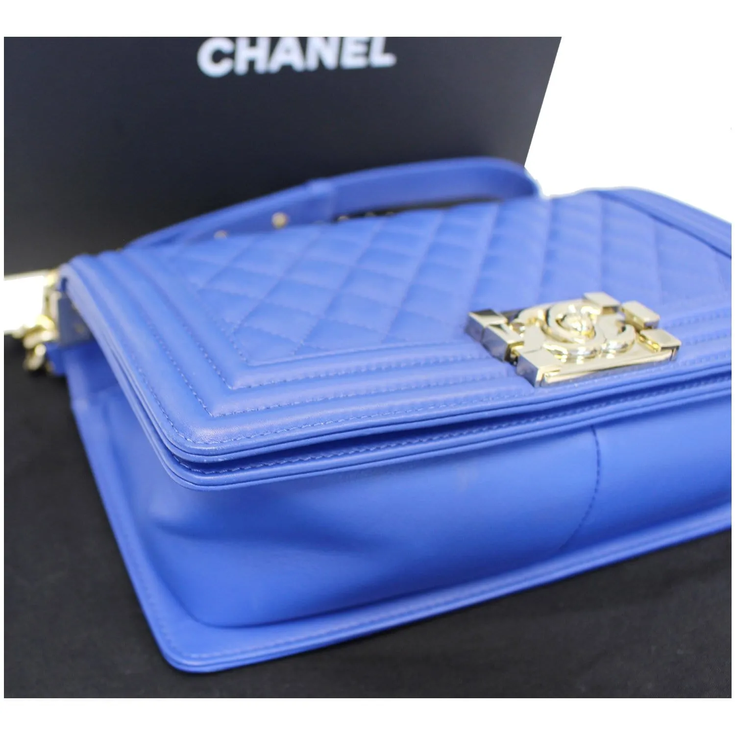 CHANEL Boy Medium Lambskin Leather Shoulder Bag Blue