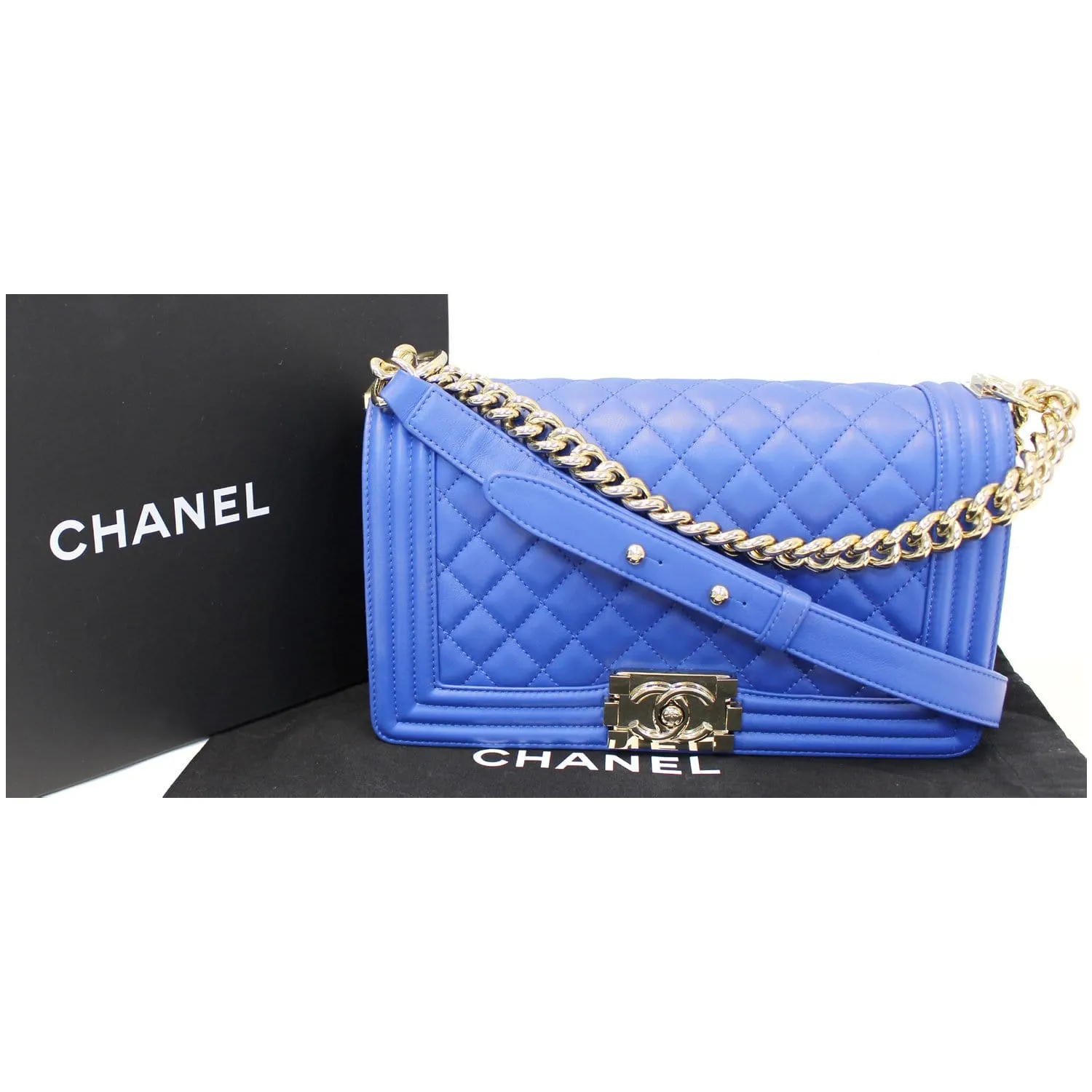 CHANEL Boy Medium Lambskin Leather Shoulder Bag Blue