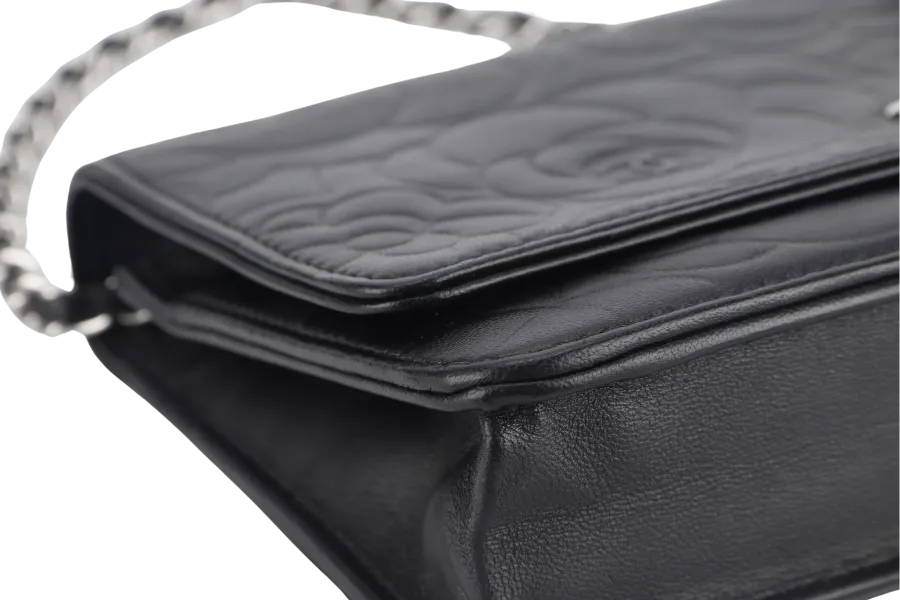 CHANEL CAMELLIA W.O.C (1609xxxx) BLACK EMBOSSED LAMBSKIN SILVER HARDWARE  WITH CARD AND BOX