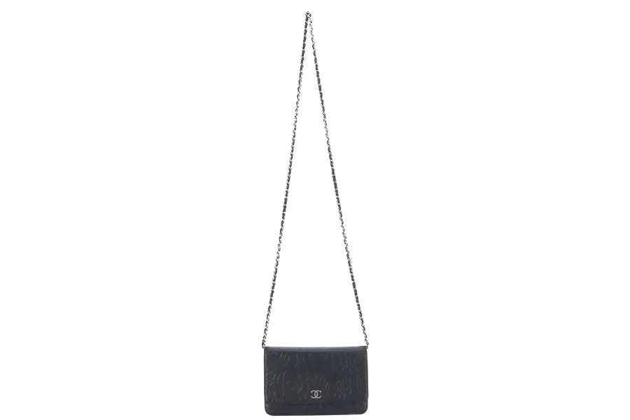 CHANEL CAMELLIA W.O.C (1609xxxx) BLACK EMBOSSED LAMBSKIN SILVER HARDWARE  WITH CARD AND BOX