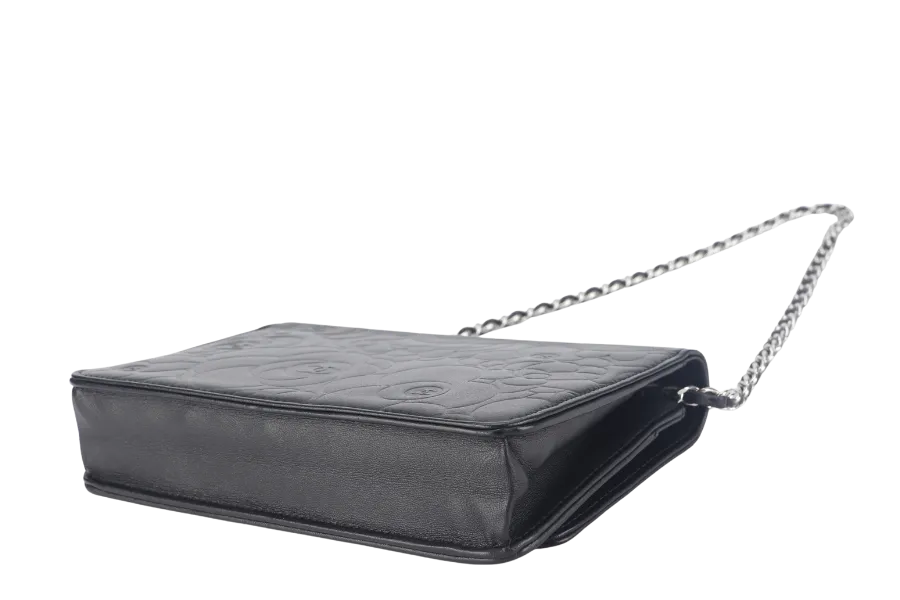 CHANEL CAMELLIA W.O.C (1609xxxx) BLACK EMBOSSED LAMBSKIN SILVER HARDWARE  WITH CARD AND BOX