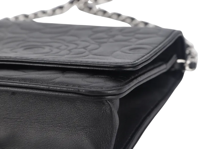 CHANEL CAMELLIA W.O.C (1609xxxx) BLACK EMBOSSED LAMBSKIN SILVER HARDWARE  WITH CARD AND BOX