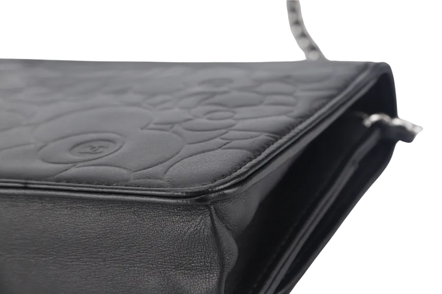 CHANEL CAMELLIA W.O.C (1609xxxx) BLACK EMBOSSED LAMBSKIN SILVER HARDWARE  WITH CARD AND BOX