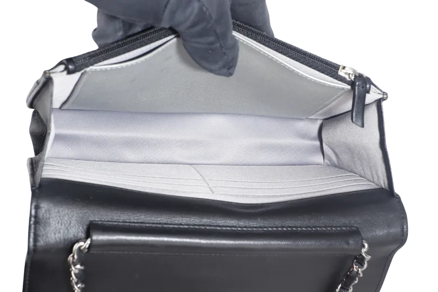 CHANEL CAMELLIA W.O.C (1609xxxx) BLACK EMBOSSED LAMBSKIN SILVER HARDWARE  WITH CARD AND BOX