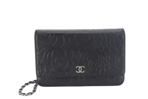 CHANEL CAMELLIA W.O.C (1609xxxx) BLACK EMBOSSED LAMBSKIN SILVER HARDWARE  WITH CARD AND BOX