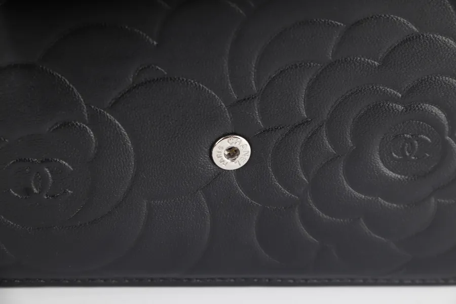 CHANEL CAMELLIA W.O.C (1609xxxx) BLACK EMBOSSED LAMBSKIN SILVER HARDWARE  WITH CARD AND BOX