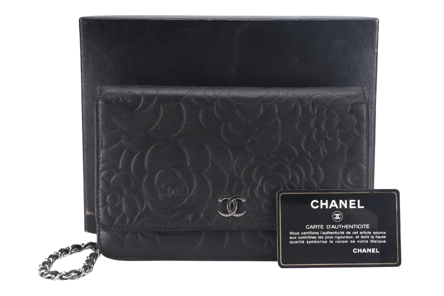 CHANEL CAMELLIA W.O.C (1609xxxx) BLACK EMBOSSED LAMBSKIN SILVER HARDWARE  WITH CARD AND BOX