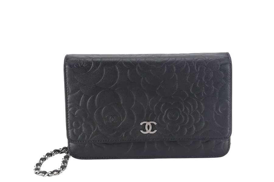 CHANEL CAMELLIA W.O.C (1609xxxx) BLACK EMBOSSED LAMBSKIN SILVER HARDWARE  WITH CARD AND BOX