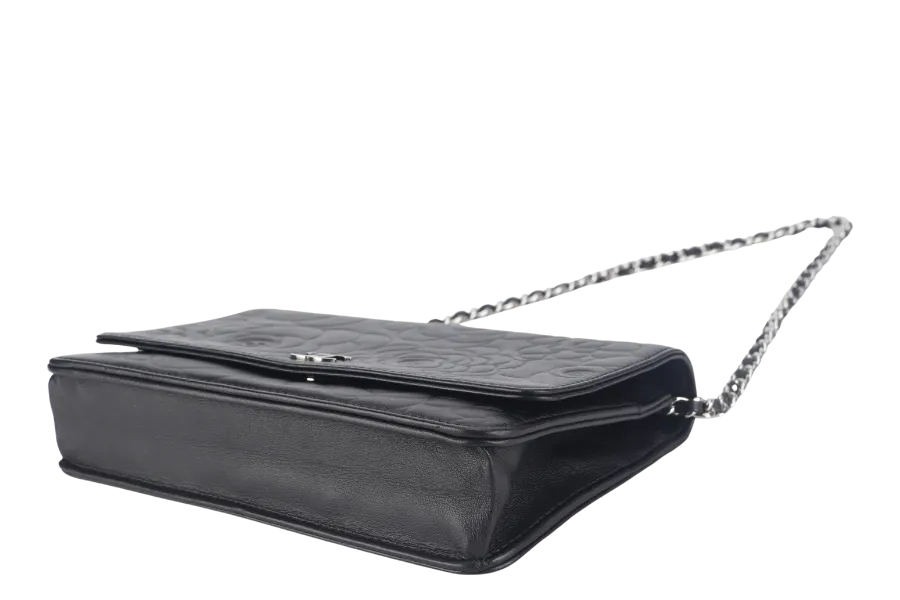 CHANEL CAMELLIA W.O.C (1609xxxx) BLACK EMBOSSED LAMBSKIN SILVER HARDWARE  WITH CARD AND BOX
