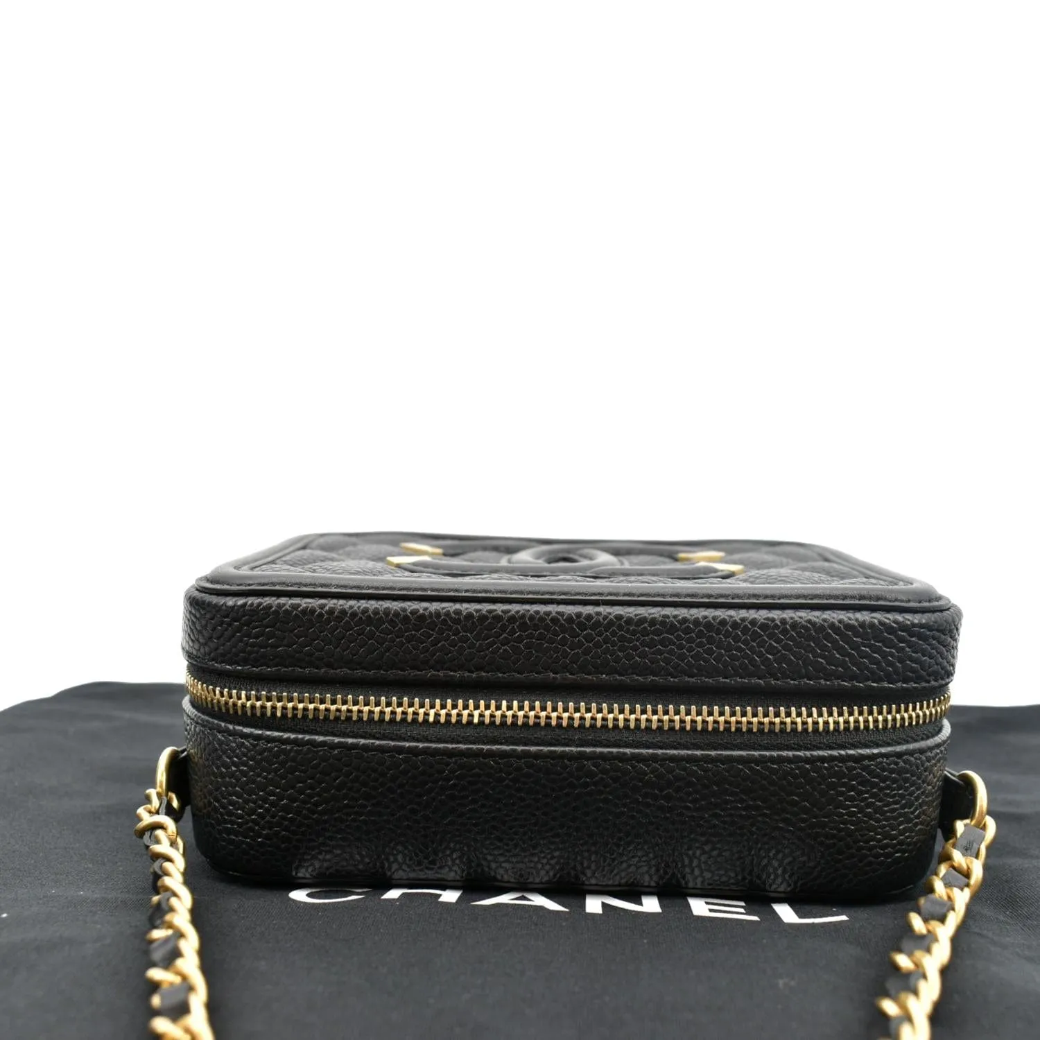 CHANEL CC Filigree Vanity Quilted Caviar Leather Clutch Shoulder Bag Black