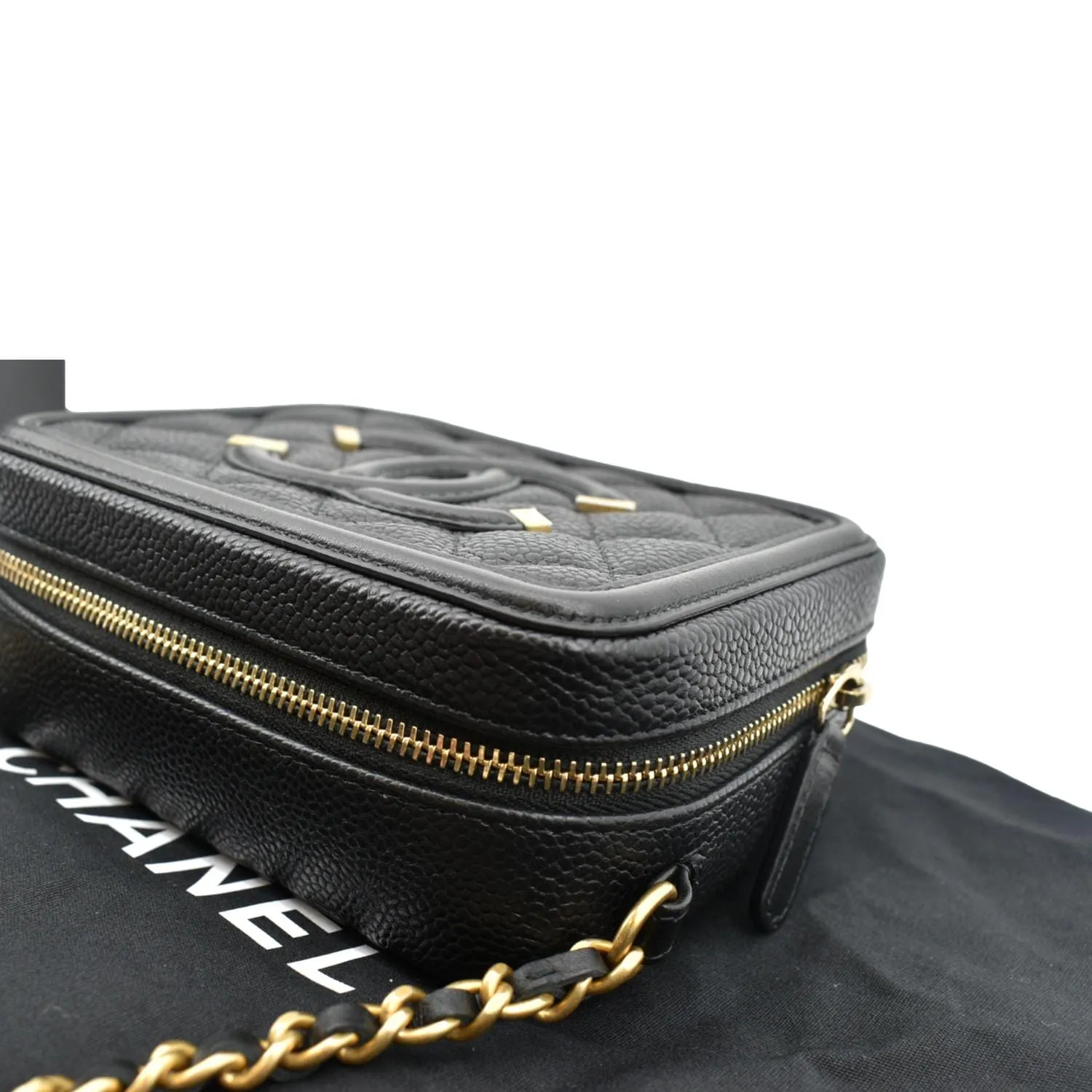 CHANEL CC Filigree Vanity Quilted Caviar Leather Clutch Shoulder Bag Black