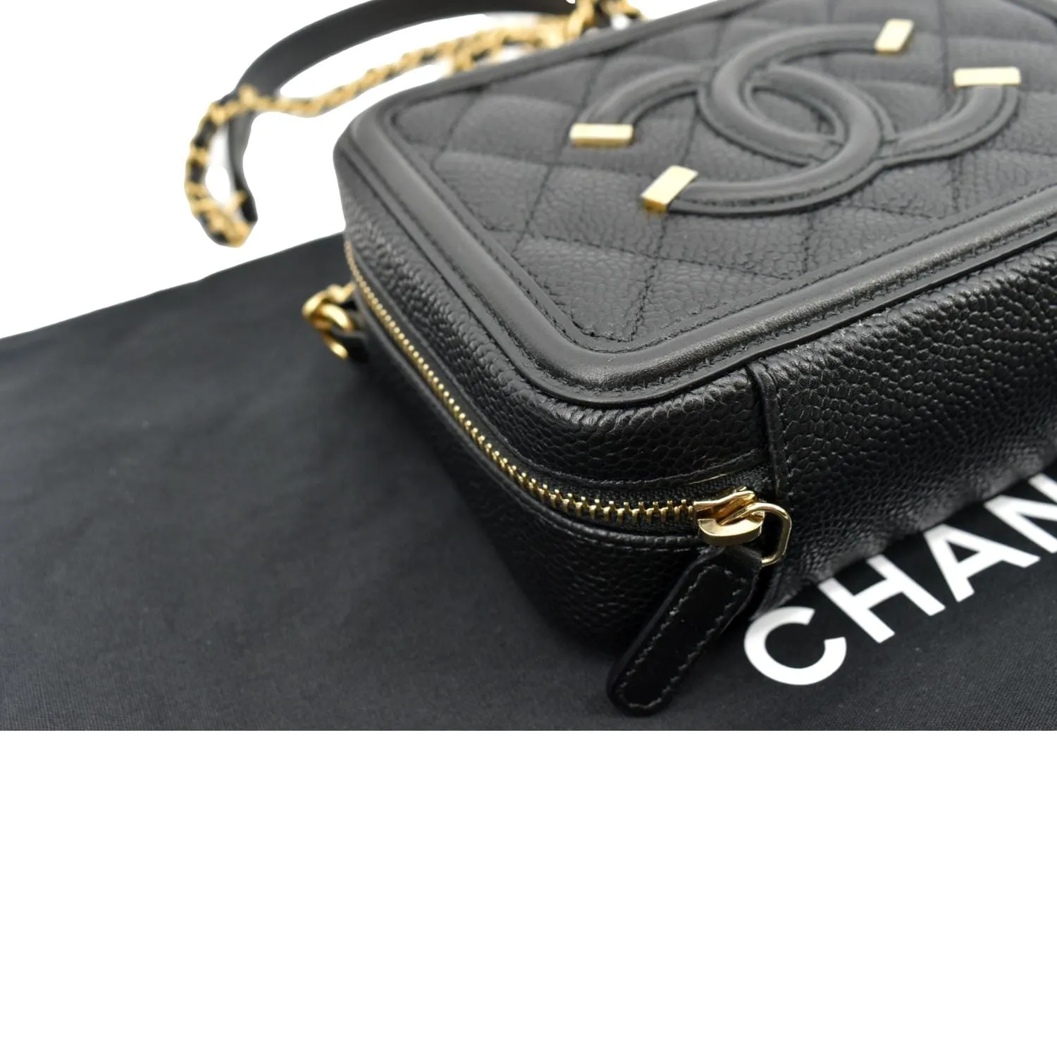 CHANEL CC Filigree Vanity Quilted Caviar Leather Clutch Shoulder Bag Black