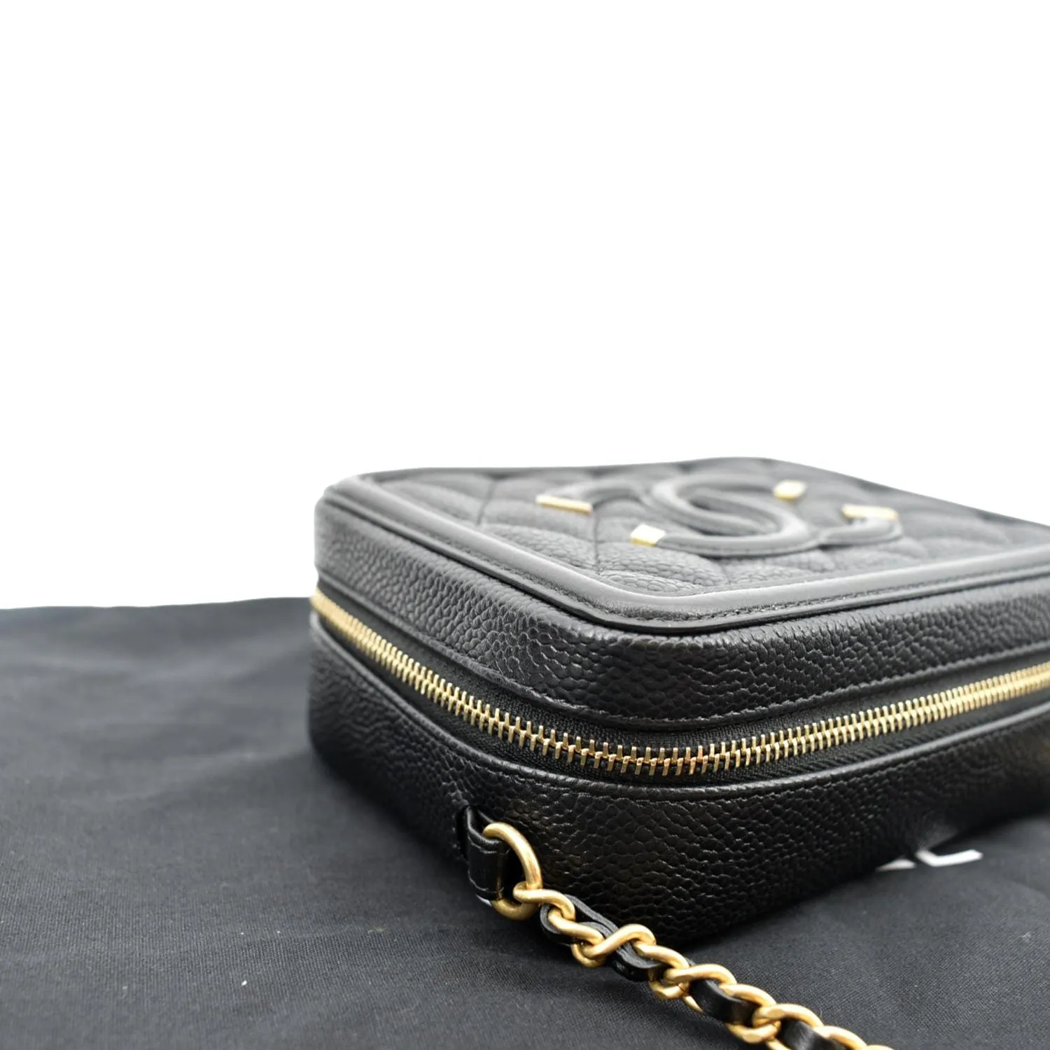 CHANEL CC Filigree Vanity Quilted Caviar Leather Clutch Shoulder Bag Black
