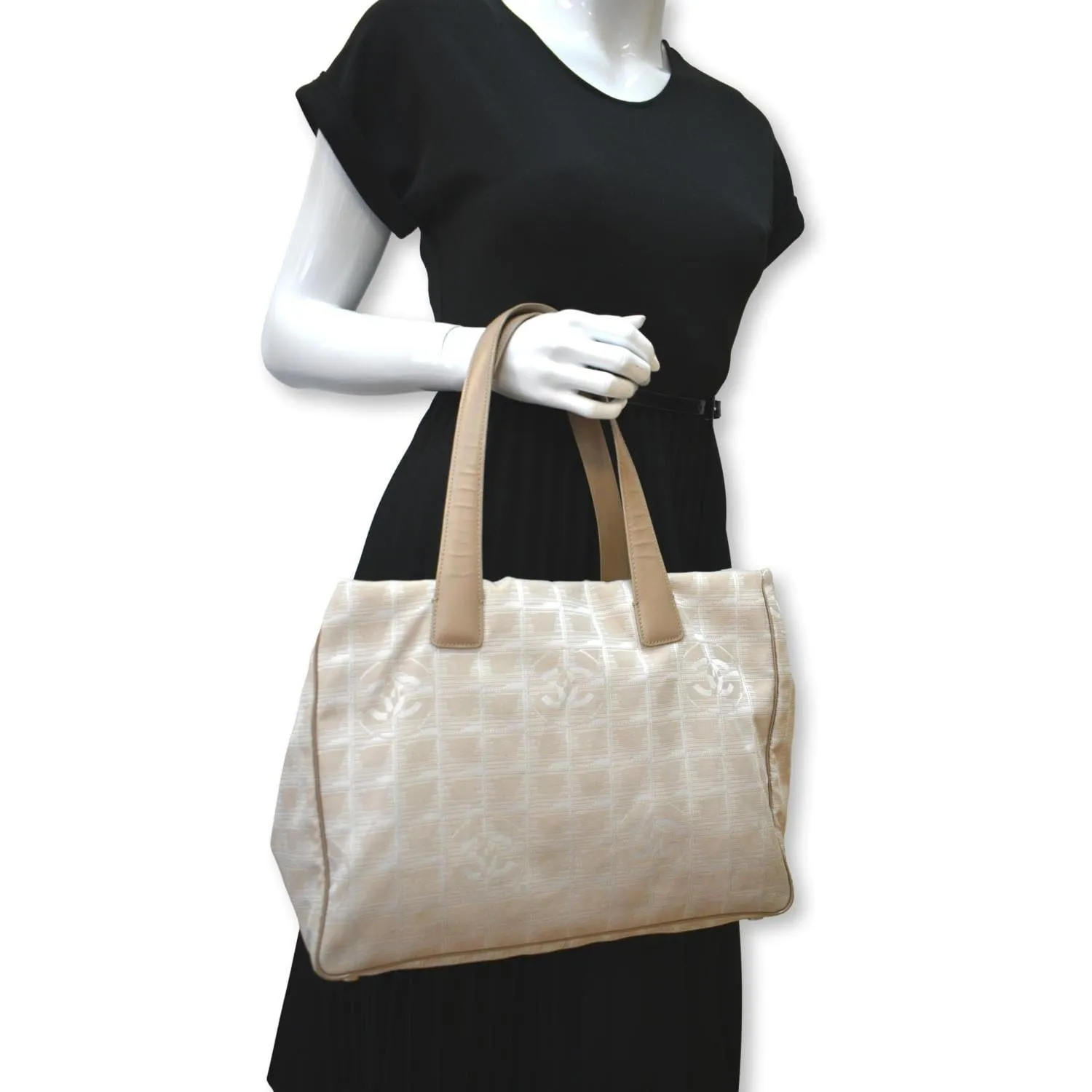 CHANEL CC Logo Travel Line Nylon Tote Bag Beige