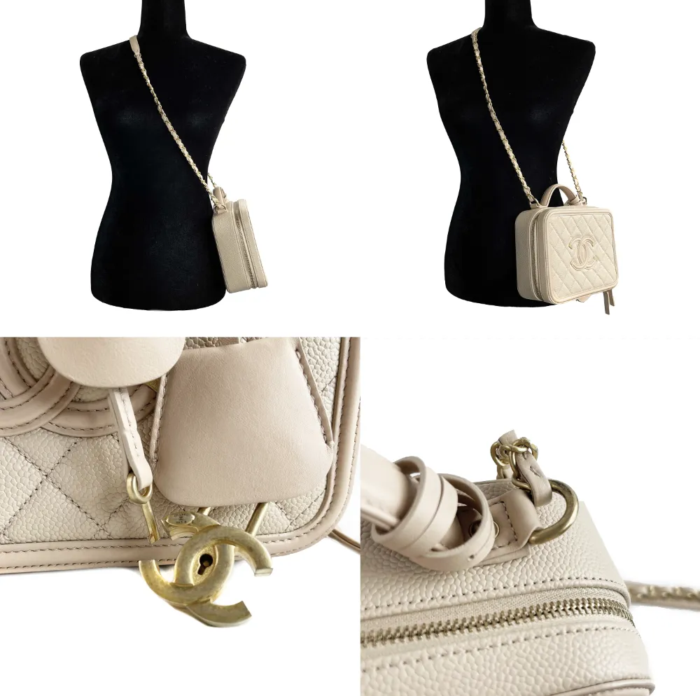 Chanel Excellent CC Filigree Vanity Case Medium Pink Beige Crossbody Handbag