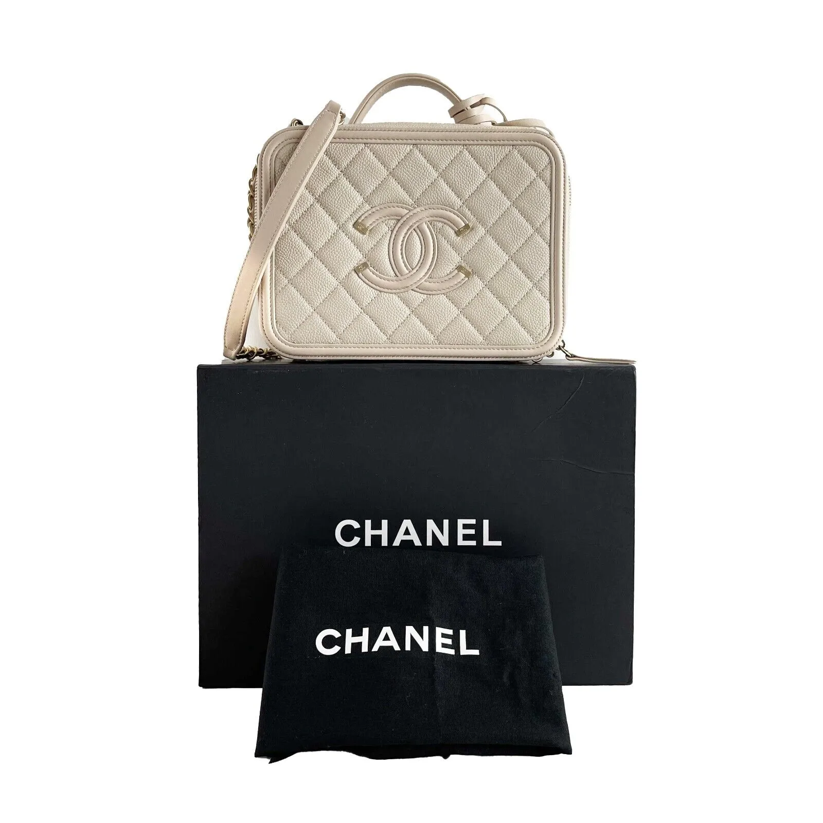 Chanel Excellent CC Filigree Vanity Case Medium Pink Beige Crossbody Handbag