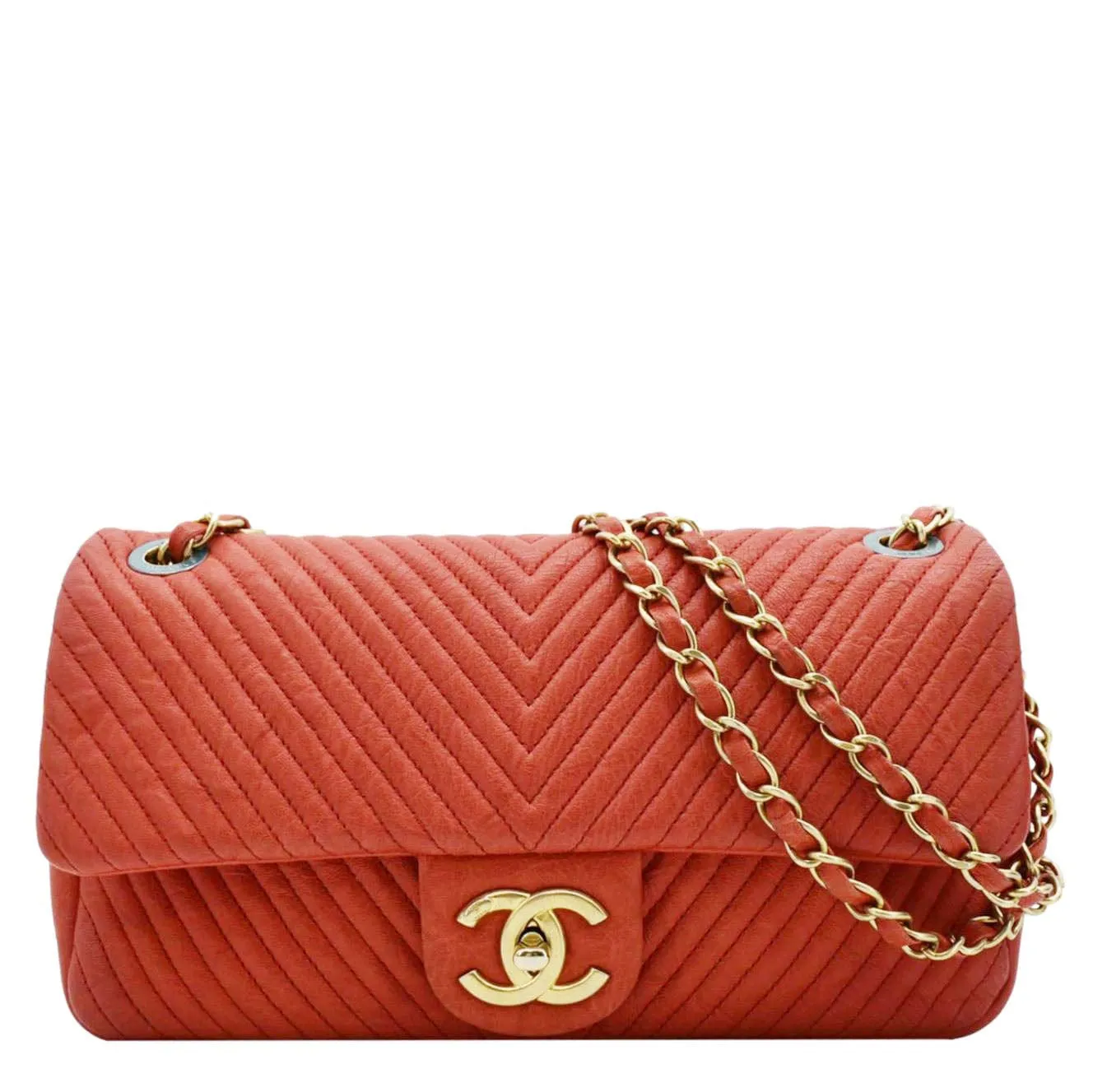 CHANEL Medallion Charm Flap Medium Wrinkled Chevron Leather Crossbody Bag Red