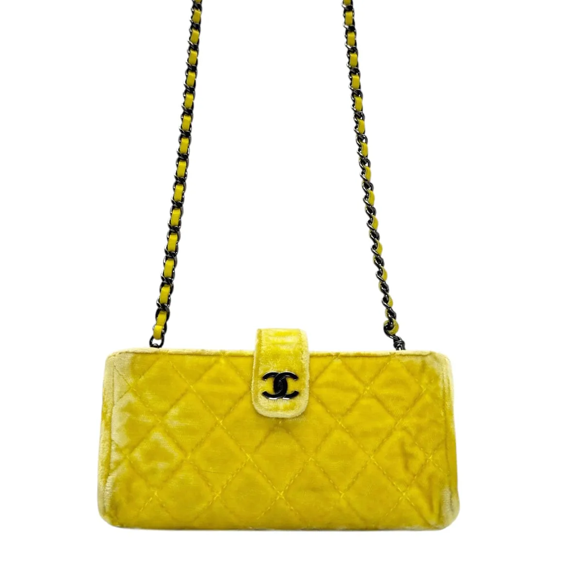 CHANEL Quilted Velvet CC Mini Phone Holder Clutch / Crossbody - Yellow