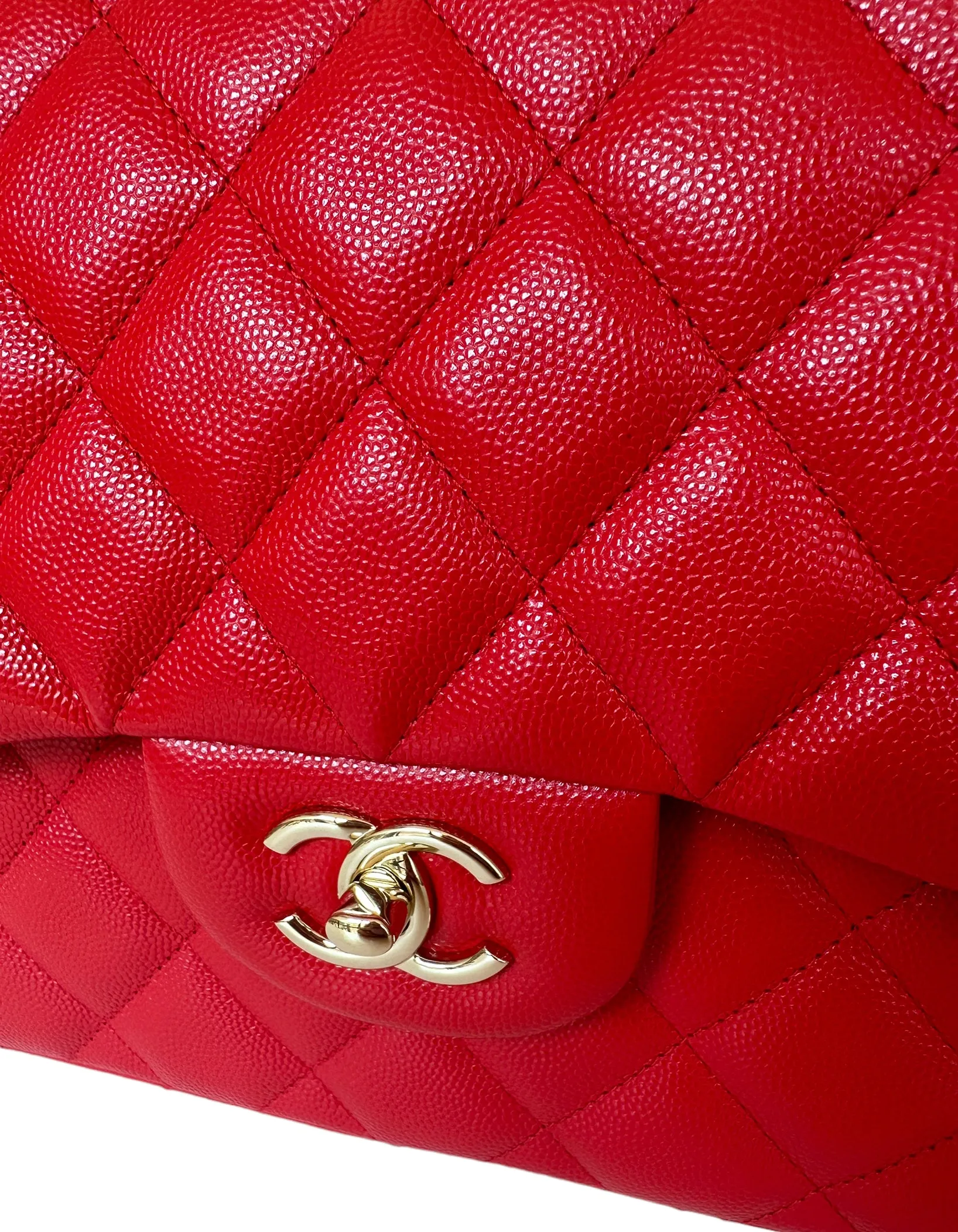 Chanel Red Caviar Leather Quilted Classic Double Flap Jumbo Bag