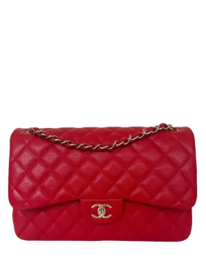 Chanel Red Caviar Leather Quilted Classic Double Flap Jumbo Bag