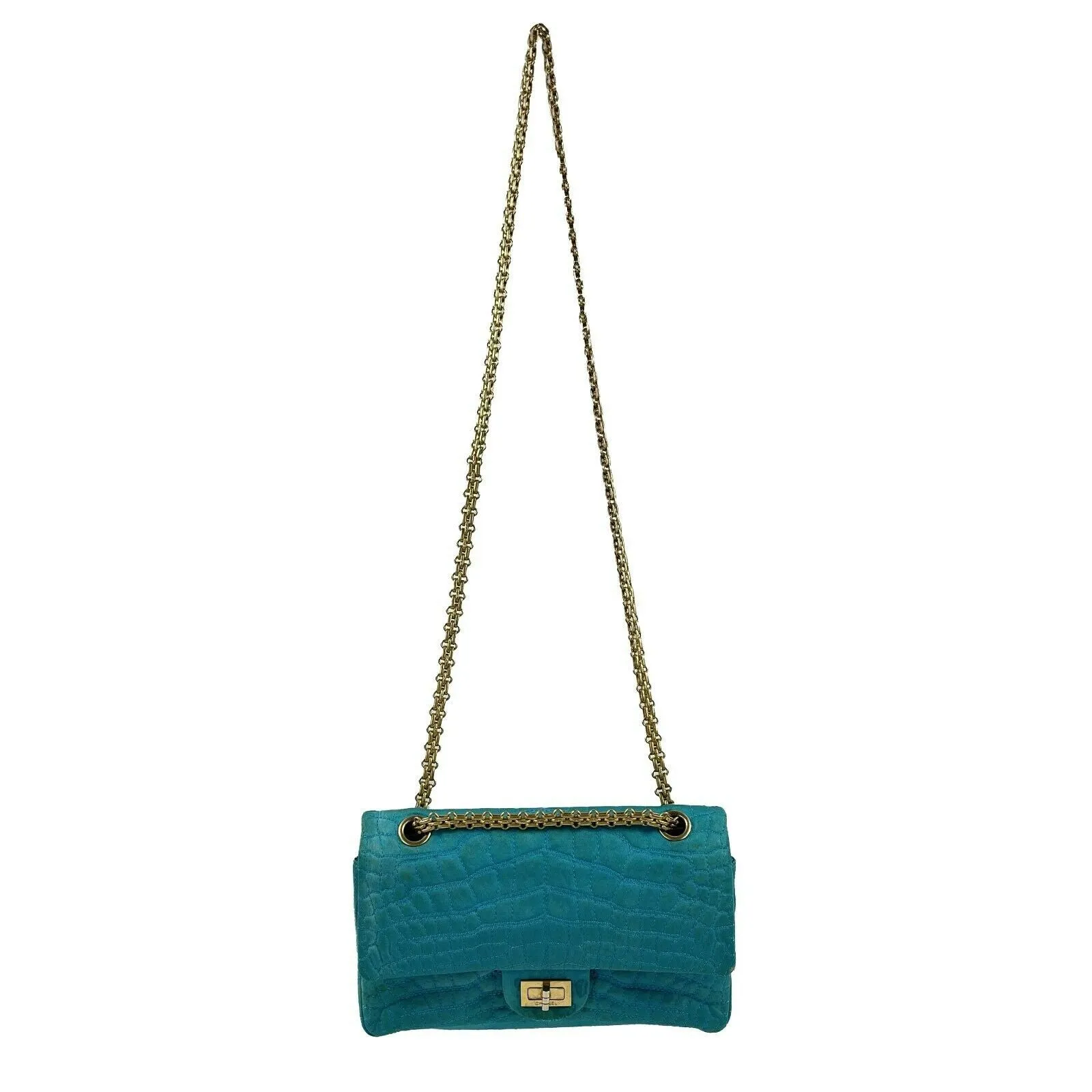 CHANEL - Reissue Small 2.55 Satin Crocodile Stitch - Turquoise / Gold Crossbody