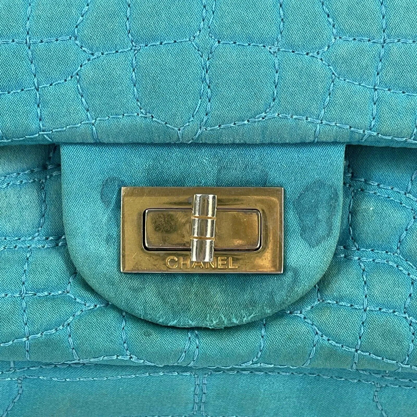 CHANEL - Reissue Small 2.55 Satin Crocodile Stitch - Turquoise / Gold Crossbody