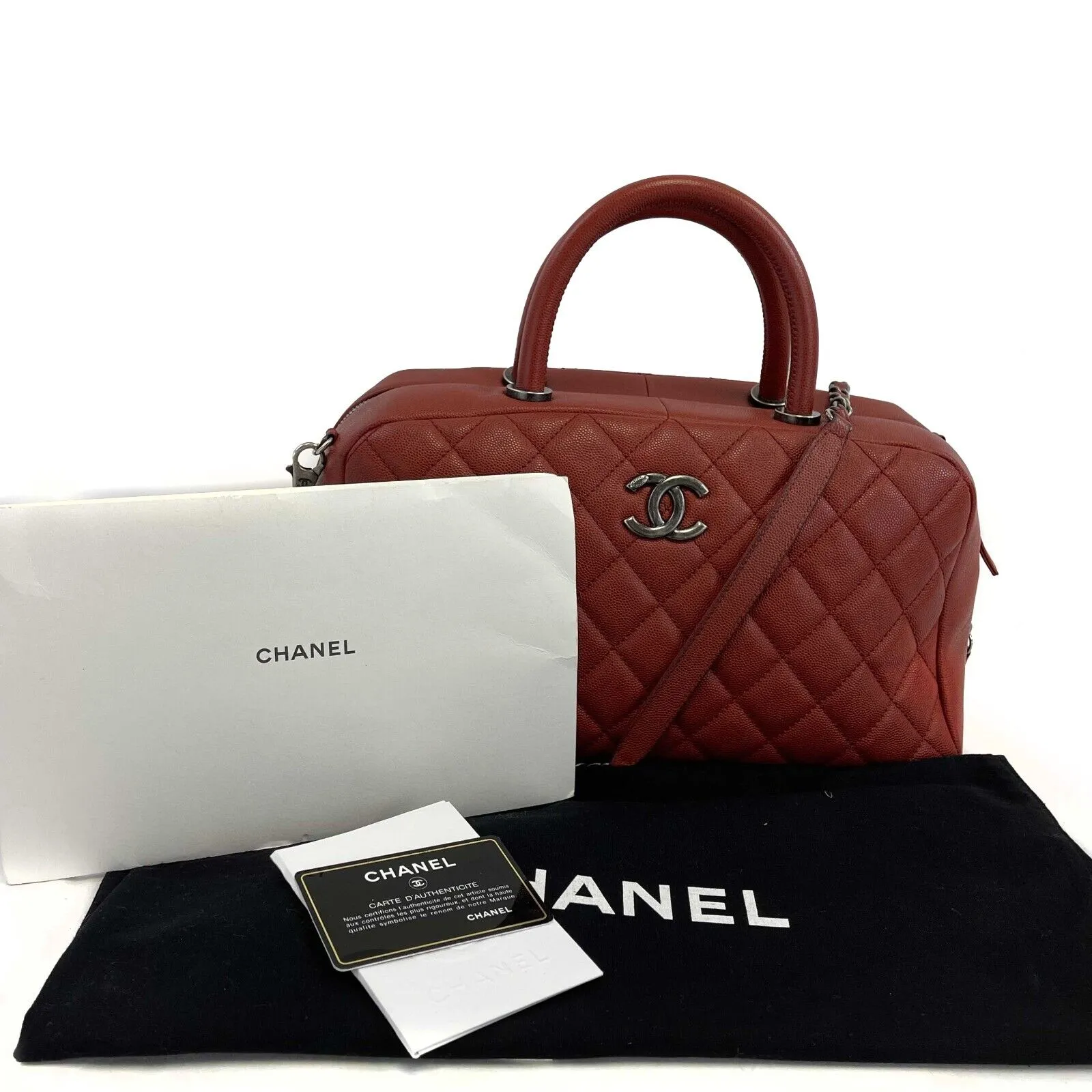 CHANEL - Sac Bowling Bag in Red Caviar Leather - Top Handle W/ Shoulder Strap