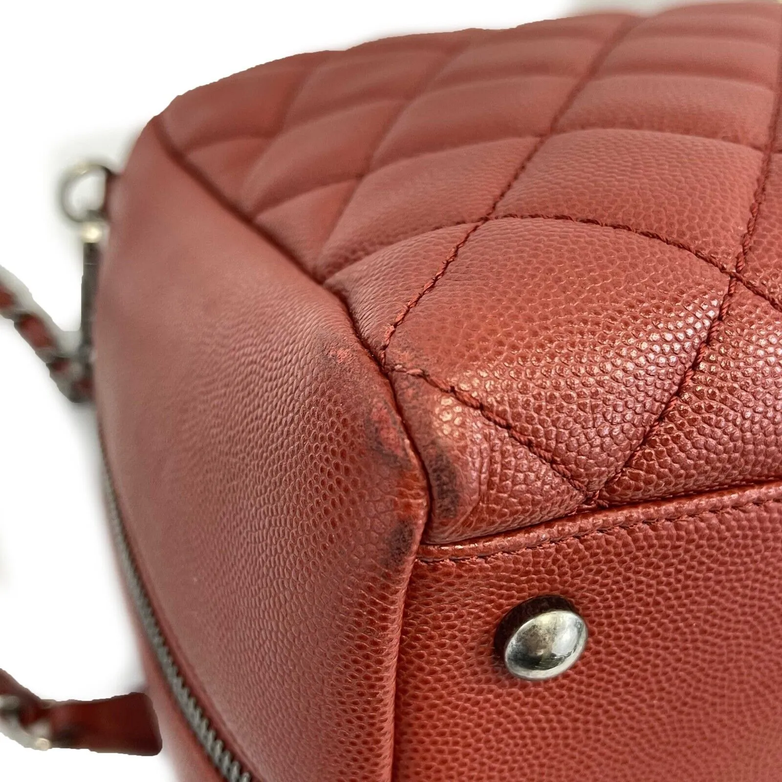 CHANEL - Sac Bowling Bag in Red Caviar Leather - Top Handle W/ Shoulder Strap