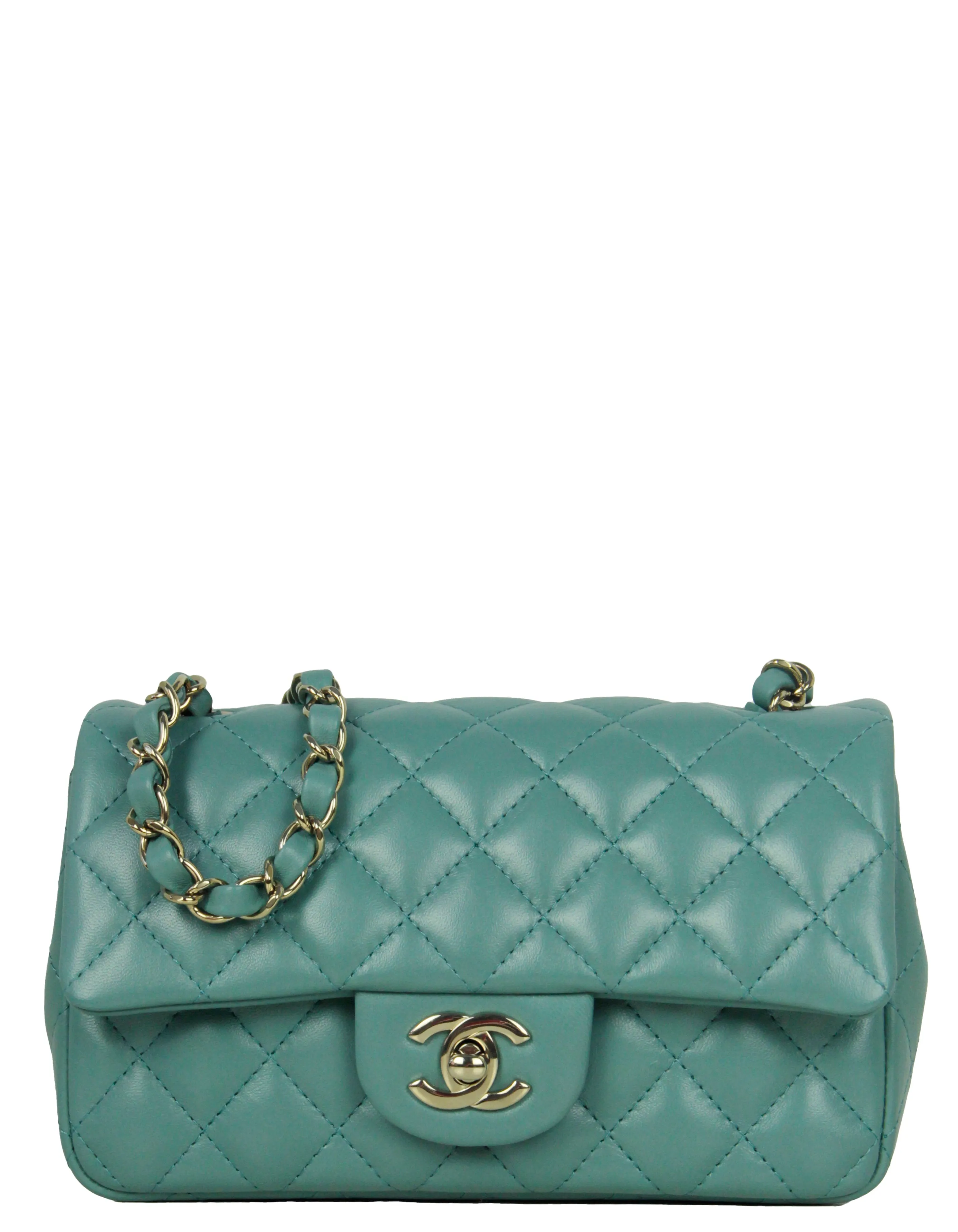 Chanel Seafoam Green Lambskin Quilted Rectangular Mini Flap Bag
