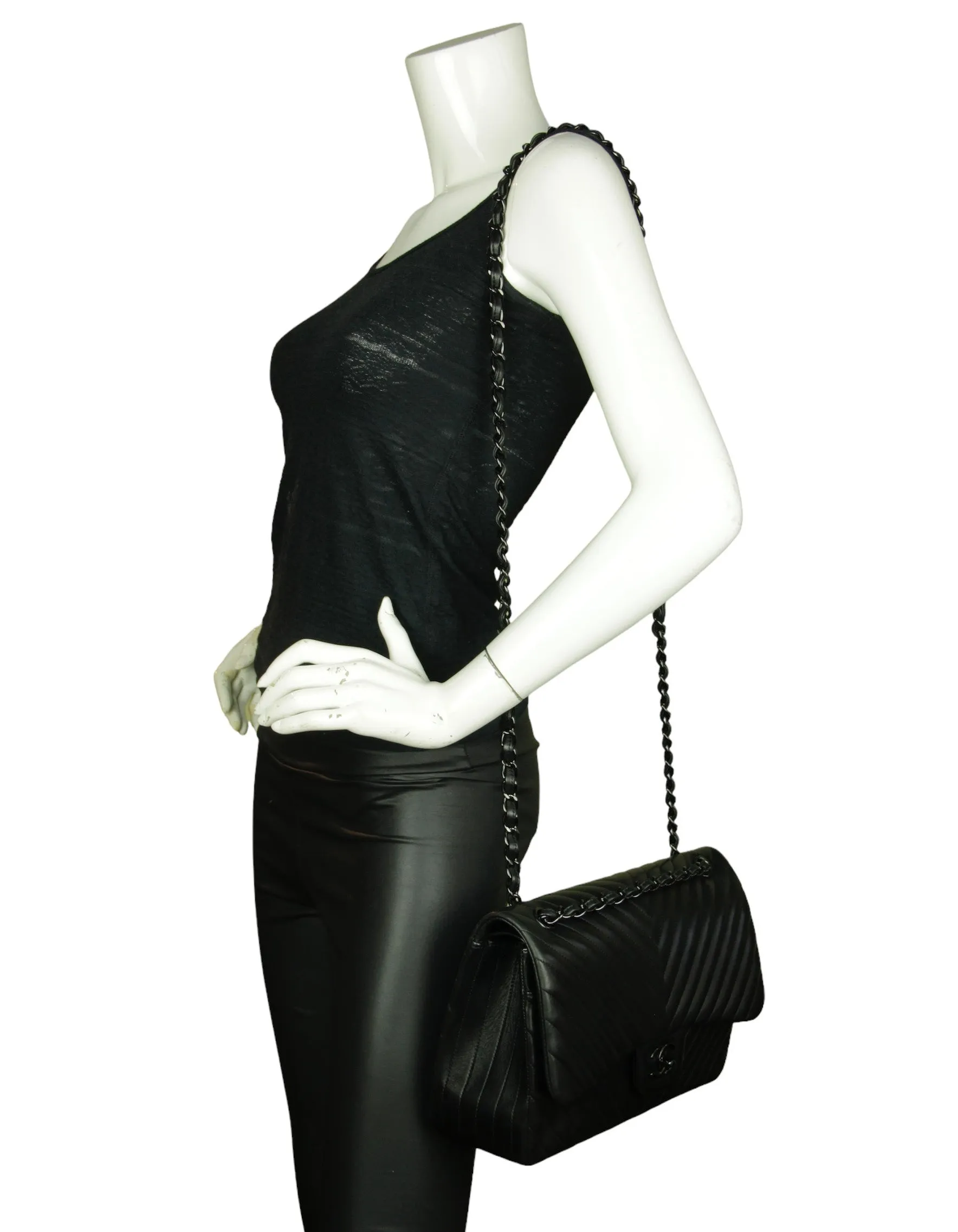 Chanel SO Black Lambskin Chevron Double Flap Jumbo