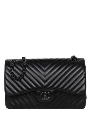 Chanel SO Black Lambskin Chevron Double Flap Jumbo