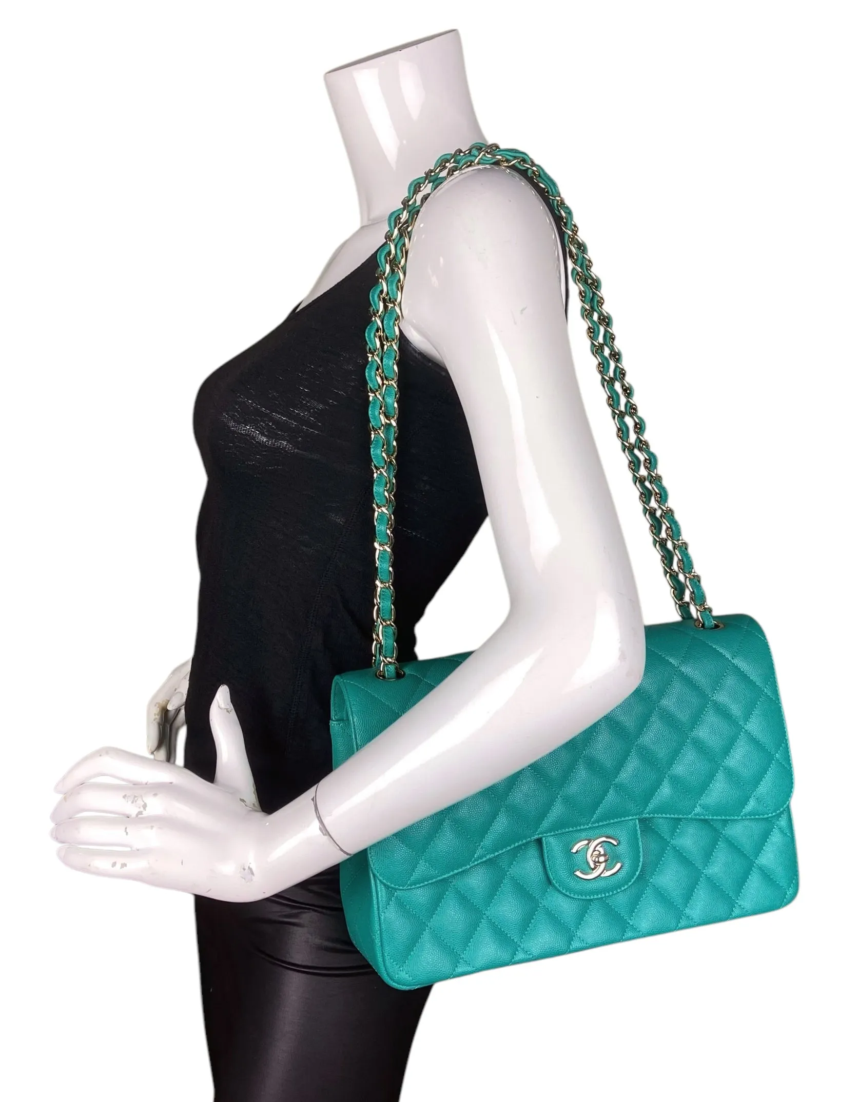 Chanel Turquoise Caviar Quilted Double Flap Jumbo