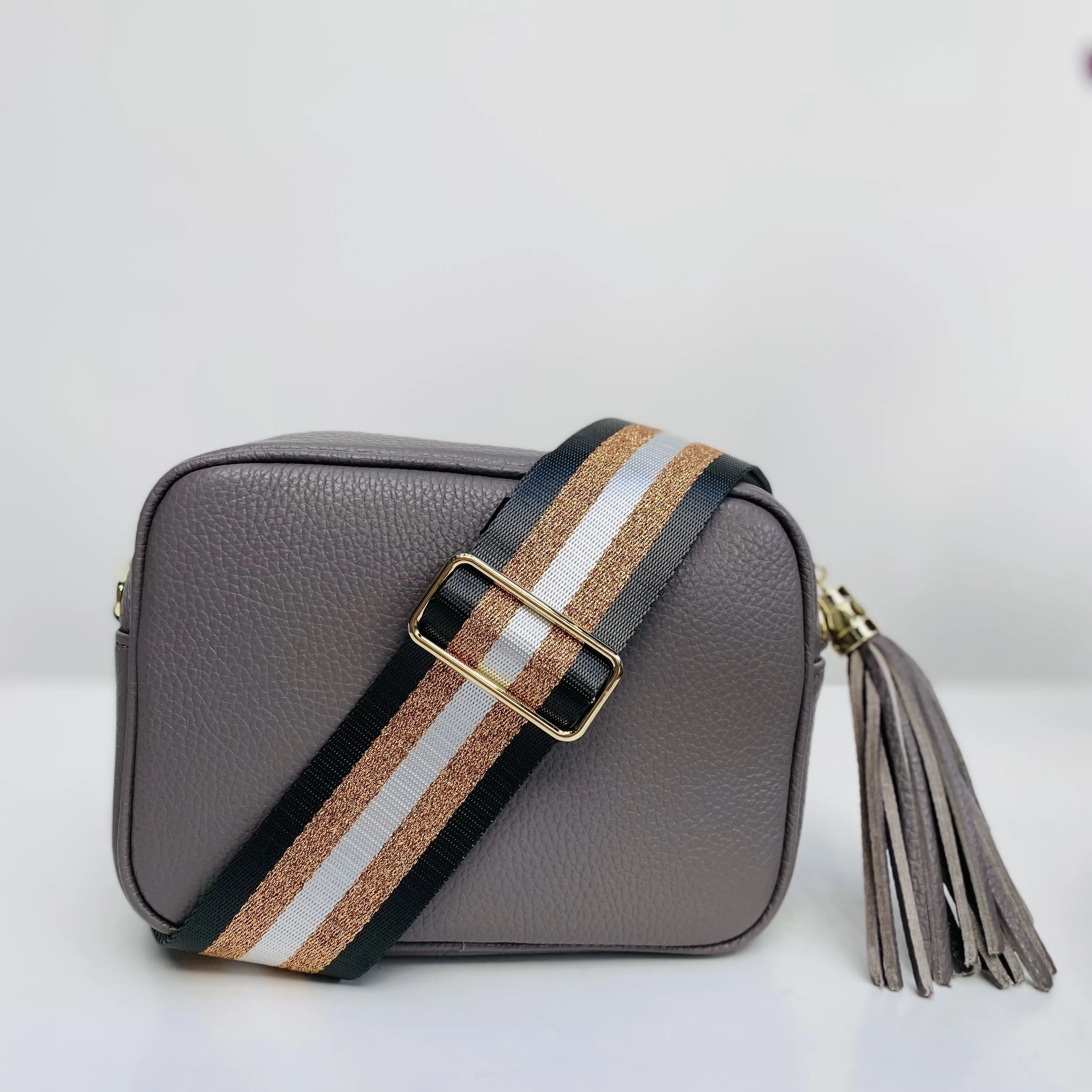 Charcoal and Rose Gold Stripe Bag Strap