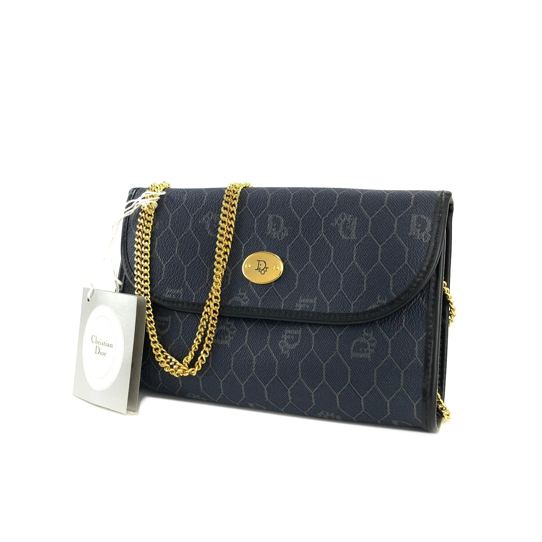 Christian Dior Logo Honeycomb Pattern Chain Crossbody Shoulderbag Navy Vintage Old pza5rt