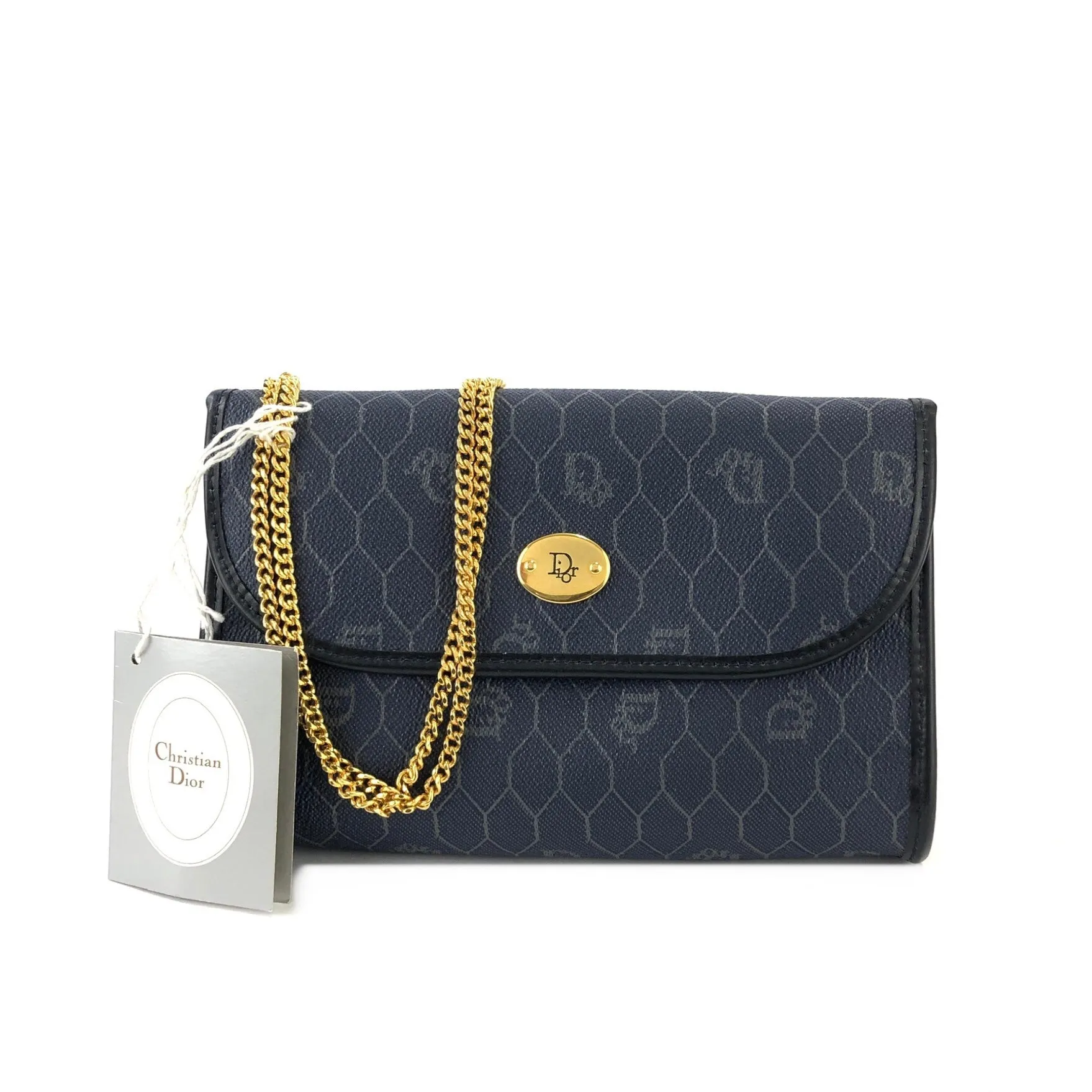 Christian Dior Logo Honeycomb Pattern Chain Crossbody Shoulderbag Navy Vintage Old pza5rt