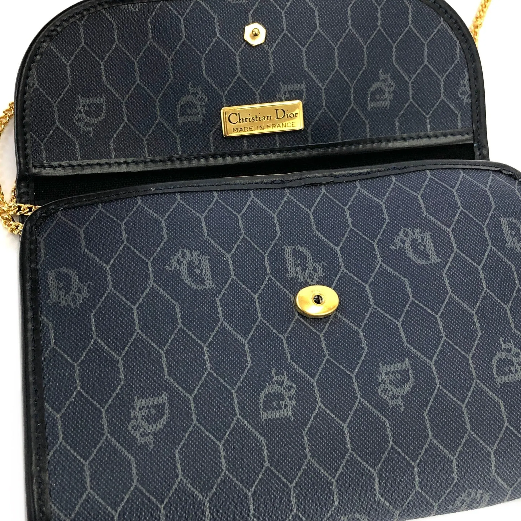 Christian Dior Logo Honeycomb Pattern Chain Crossbody Shoulderbag Navy Vintage Old pza5rt