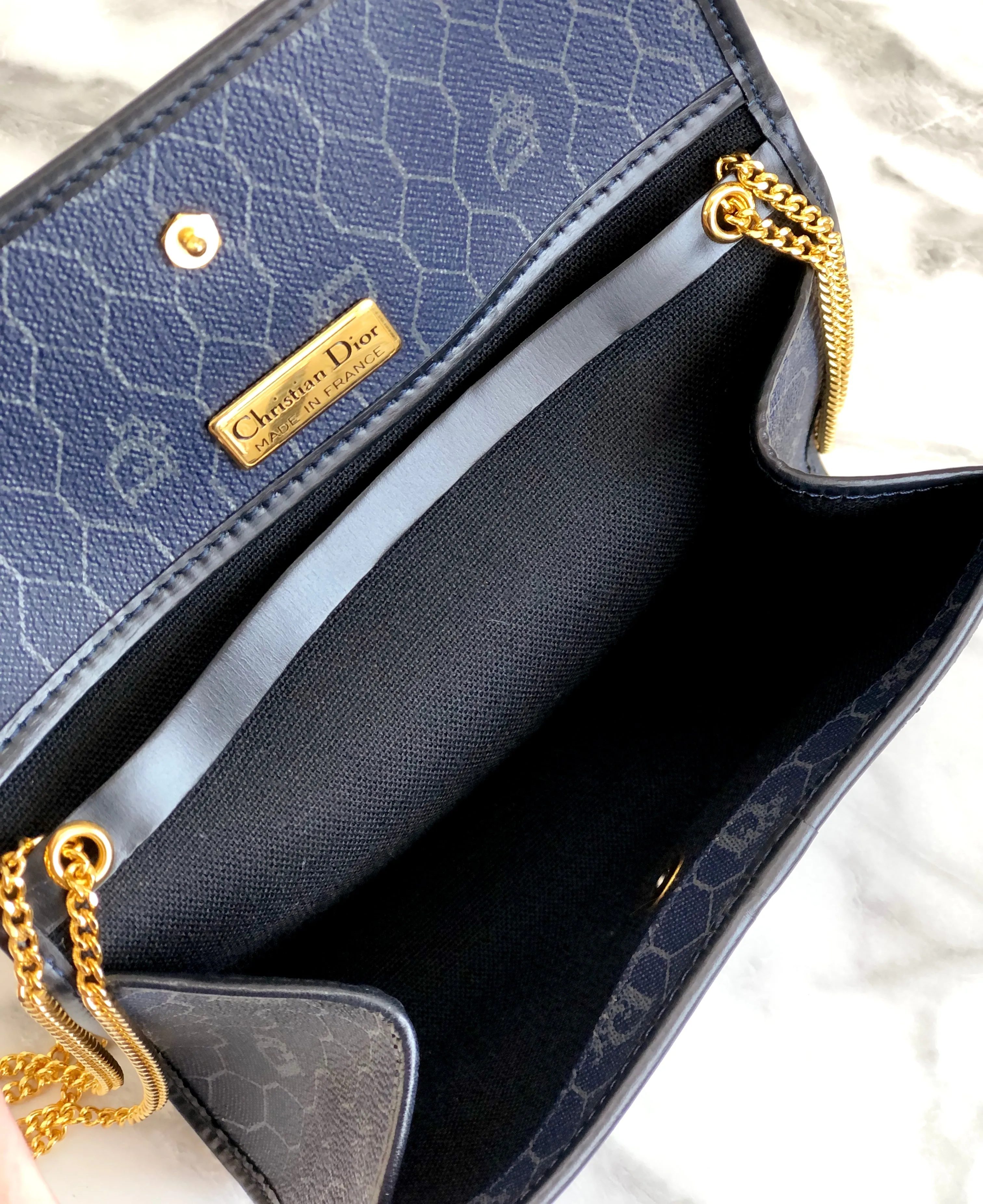 Christian Dior Logo Honeycomb Pattern Chain Crossbody Shoulderbag Navy Vintage Old pza5rt
