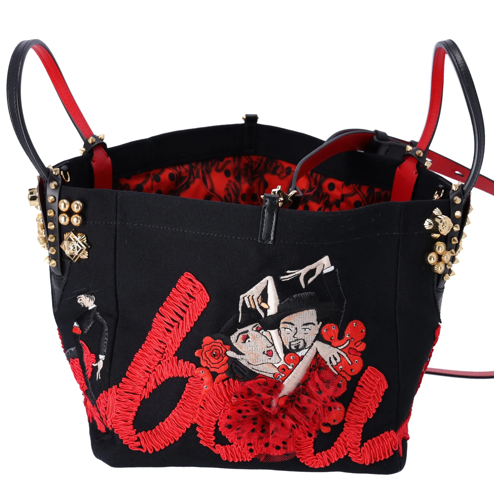 Christian Louboutin Flamencaba Small Tote in Embroidered Toile Black