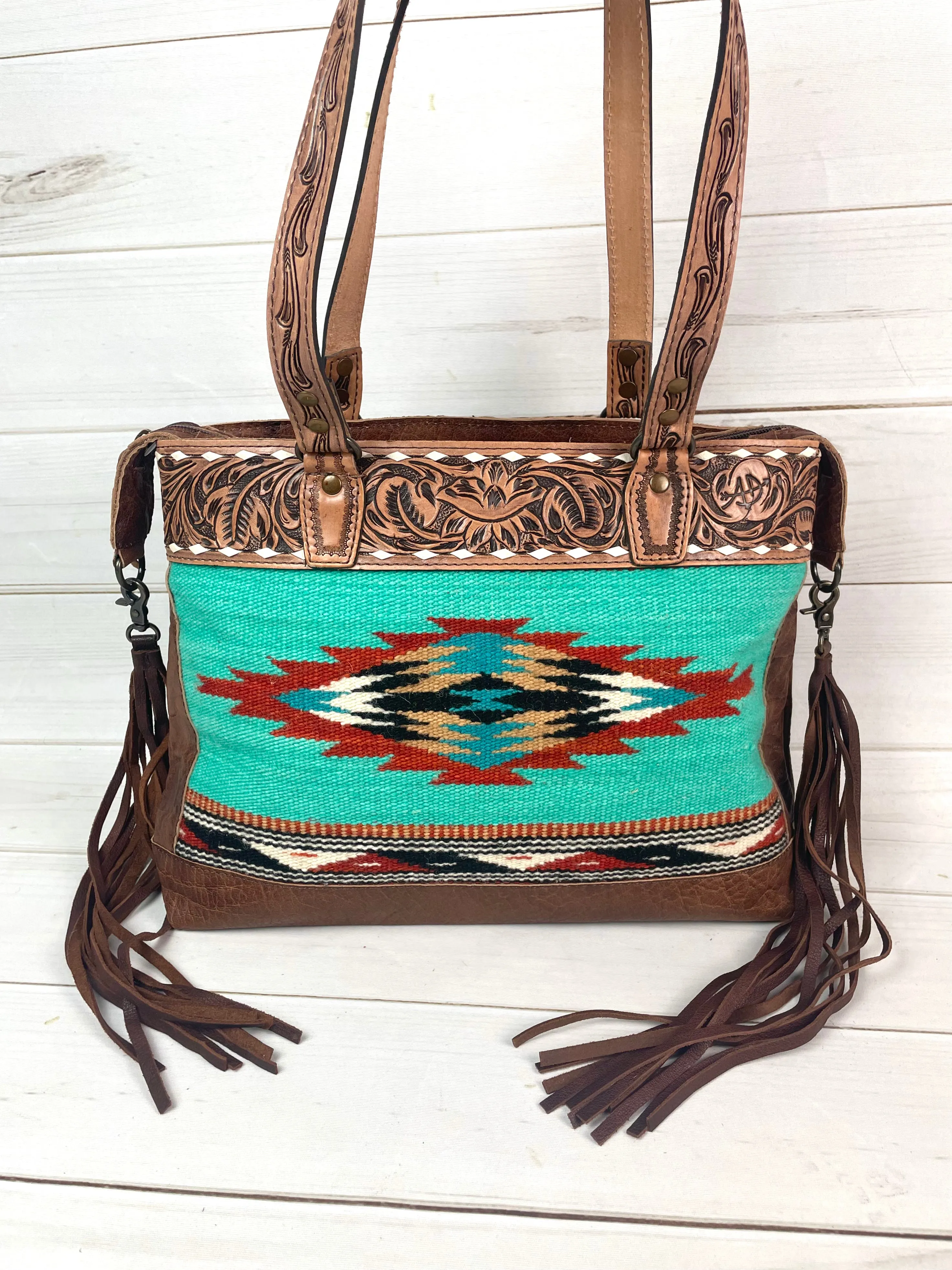Clearance! Turquoise Wool and Leather Western Aztec Tote with Concealed Carry
