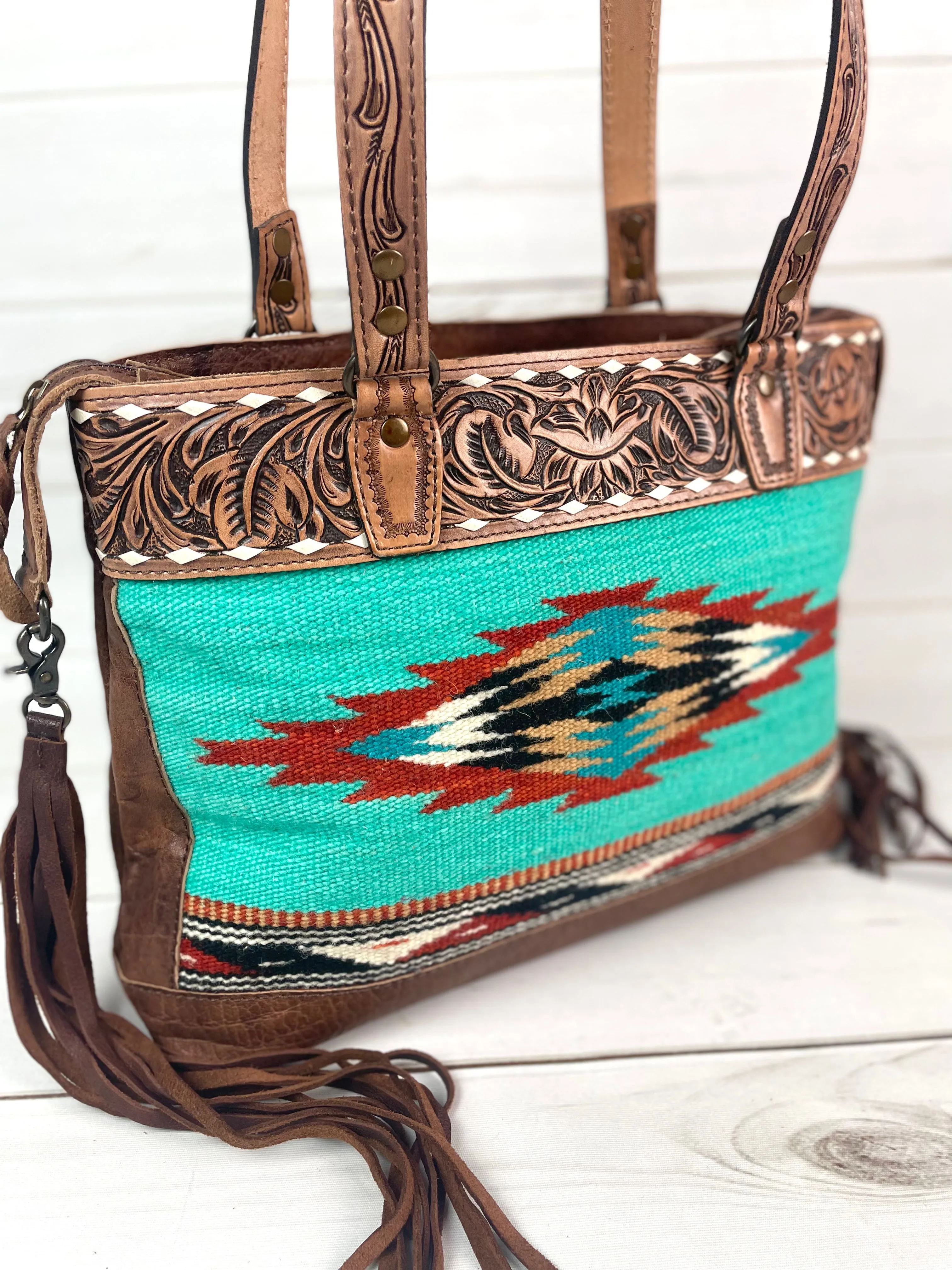 Clearance! Turquoise Wool and Leather Western Aztec Tote with Concealed Carry
