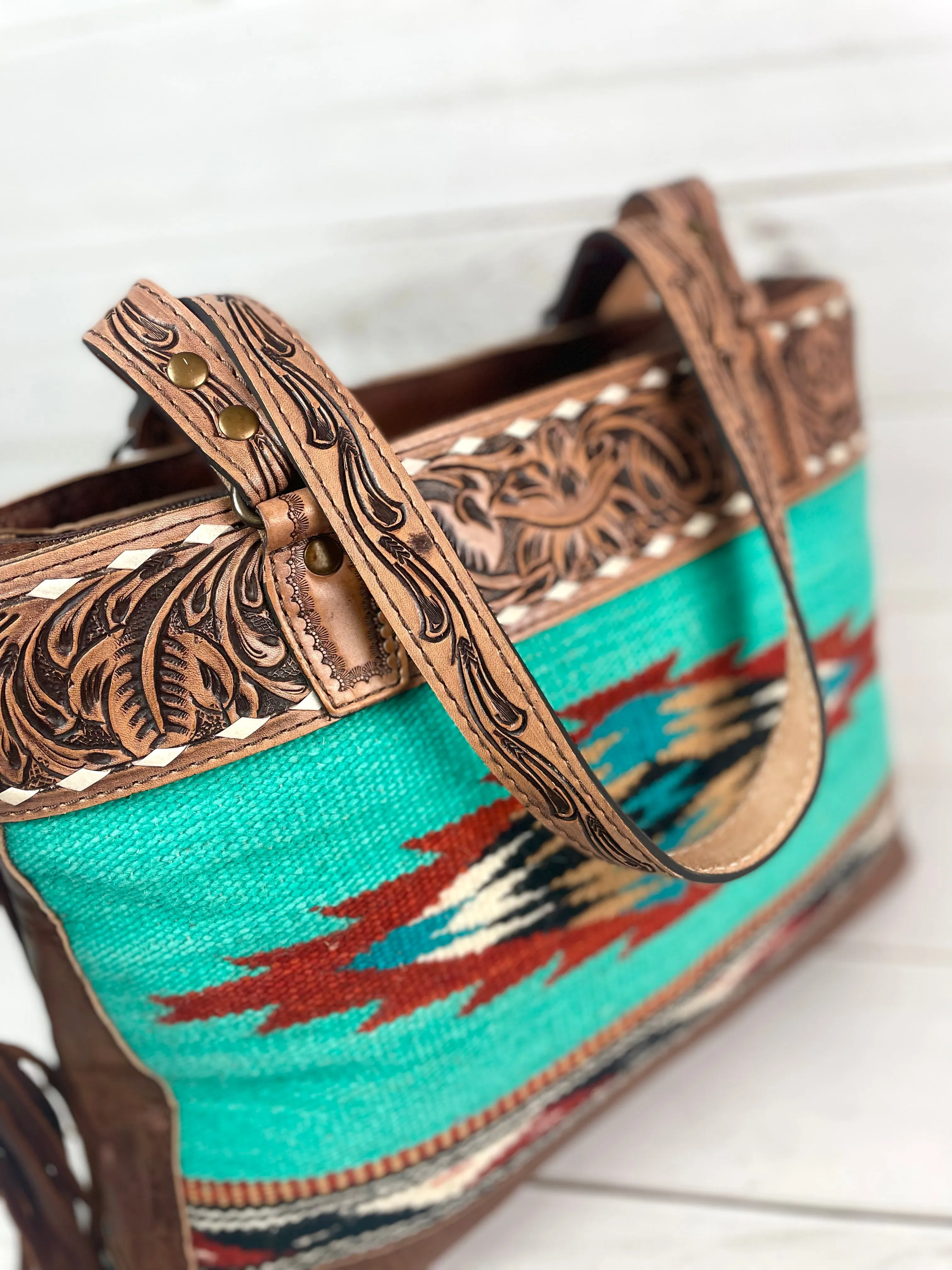 Clearance! Turquoise Wool and Leather Western Aztec Tote with Concealed Carry