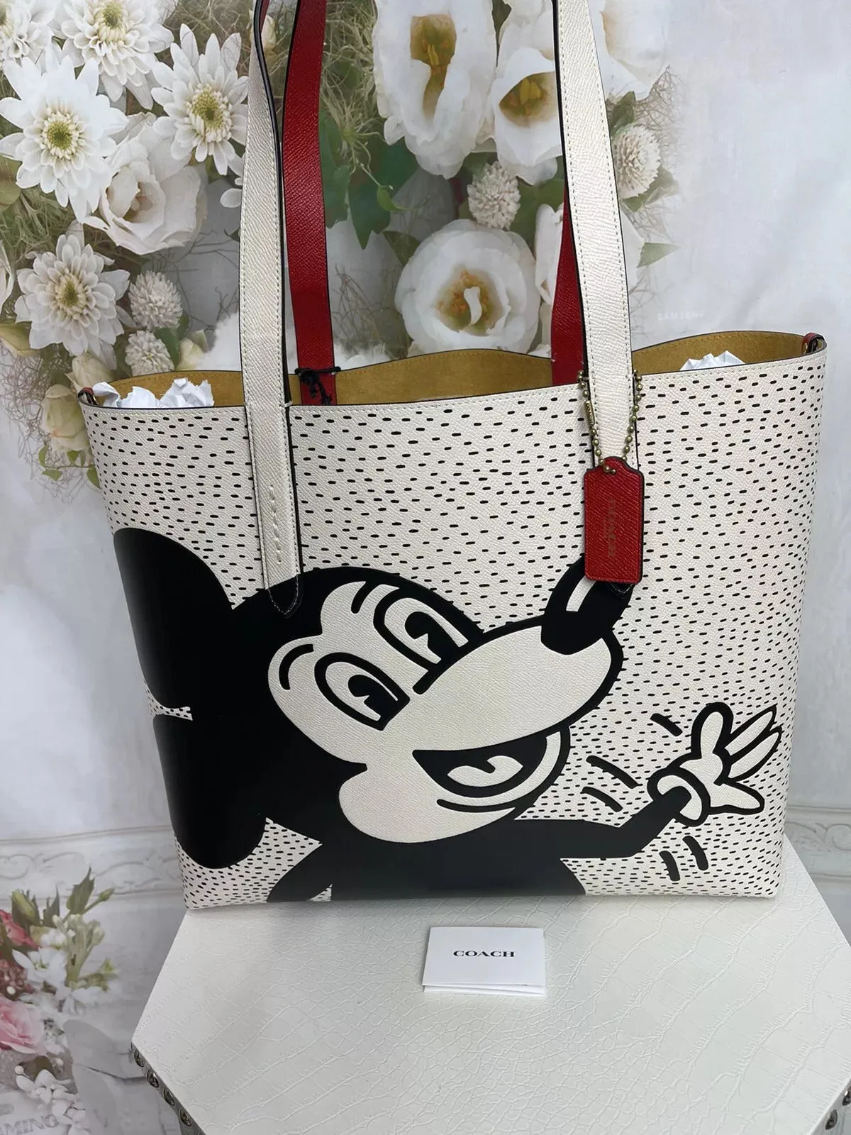 Coach Disney Mickey Keith Haring Highline Leather Tote Bag Handbag White NEW