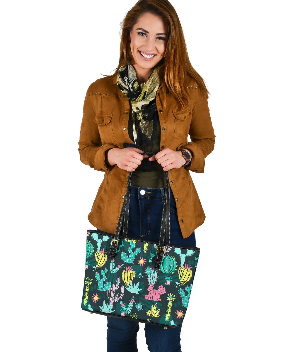 Colorful Cactus Pattern Vegan Leather Tote Bags