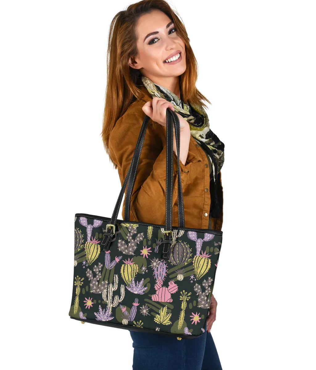 Colorful Cactus Pattern Vegan Leather Tote Bags