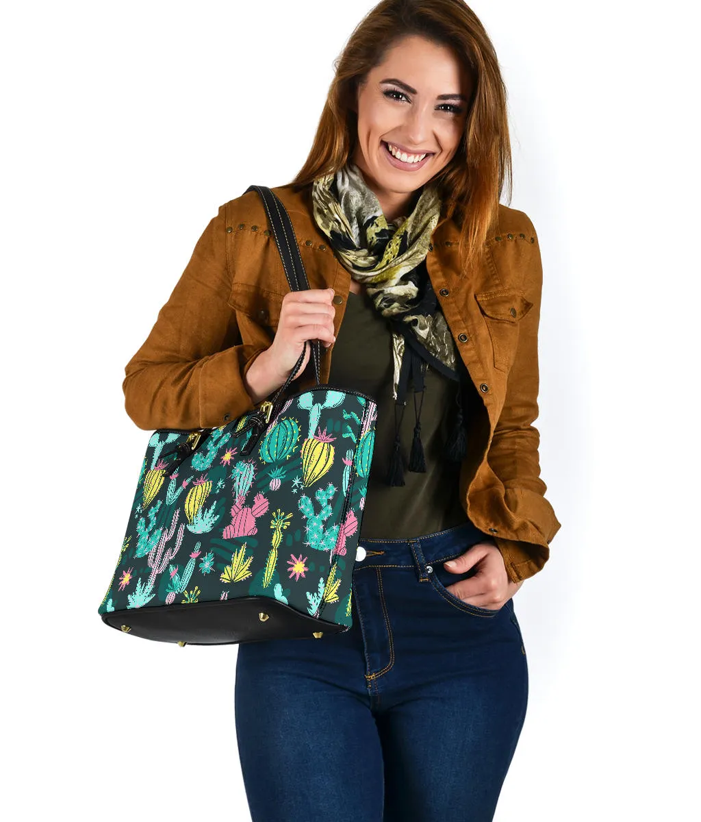 Colorful Cactus Pattern Vegan Leather Tote Bags
