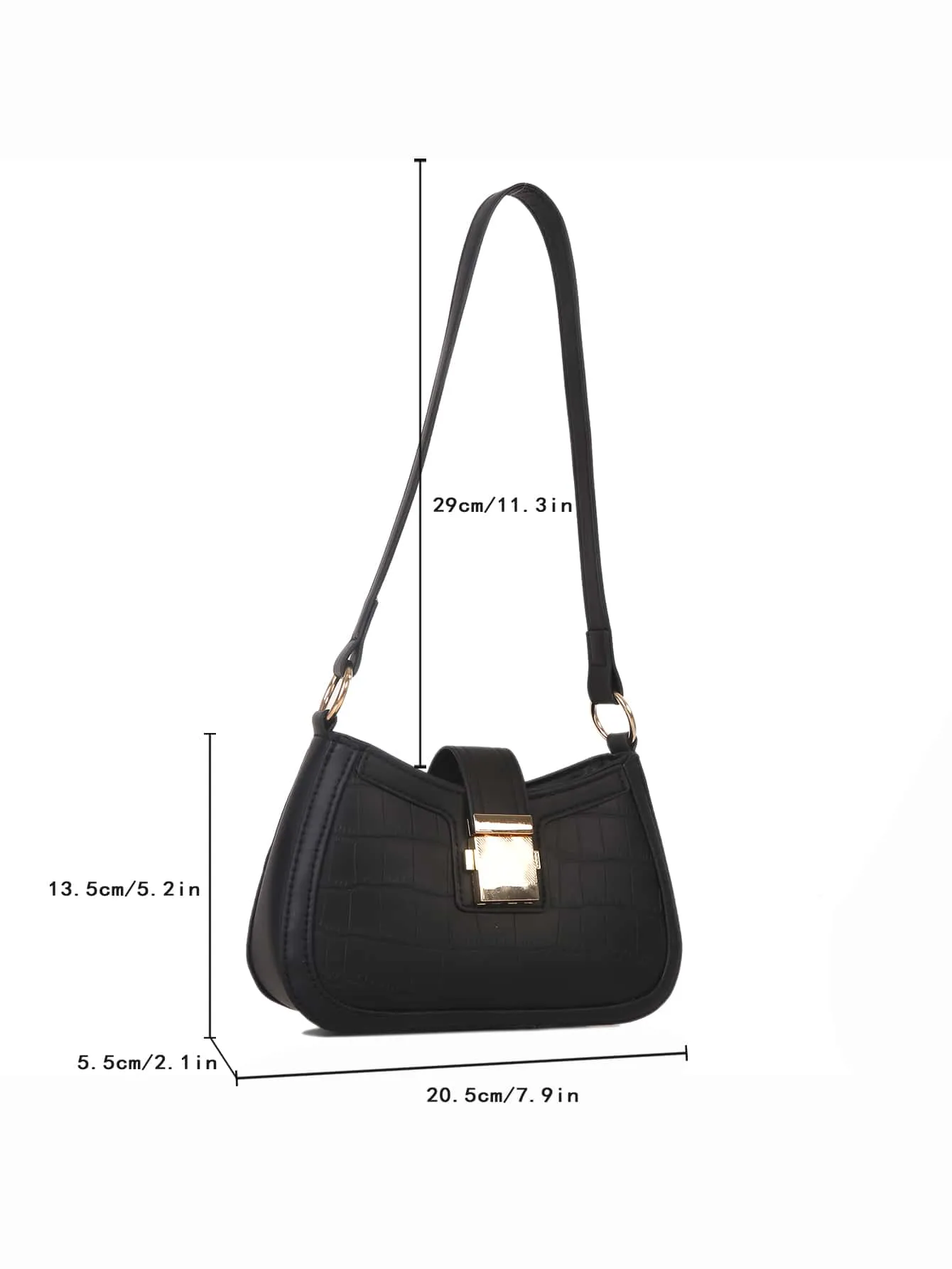 Crocodile Embossed Push Lock Baguette Bag - Black