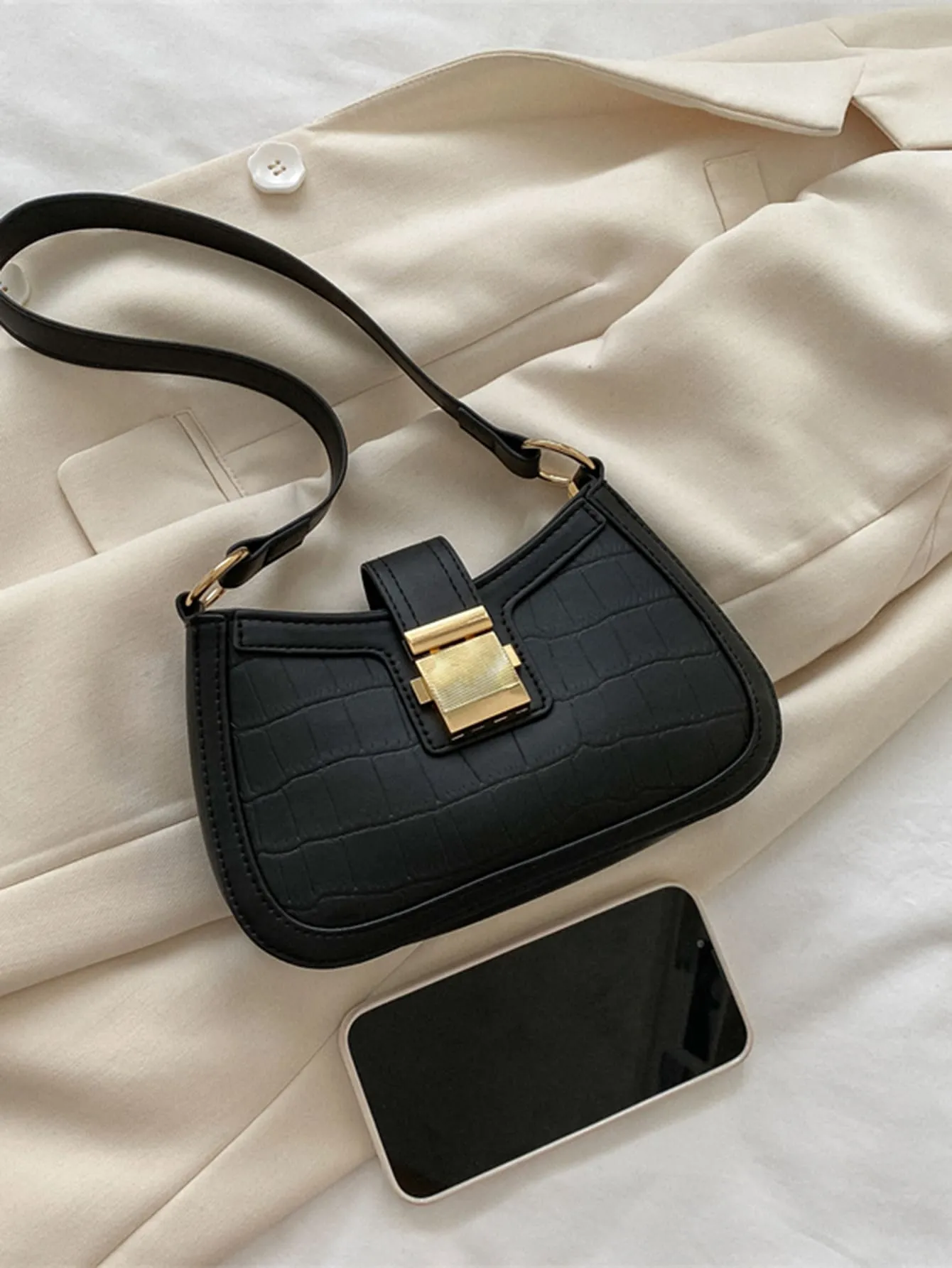Crocodile Embossed Push Lock Baguette Bag - Black