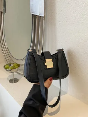 Crocodile Embossed Push Lock Baguette Bag - Black